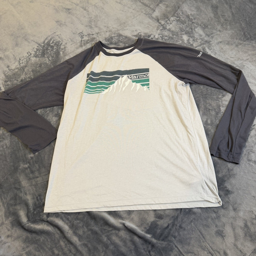 Marmot Men Large Raglan Long Sleeve Shirt Gray Cream Mountain Graphic Tee Hiking